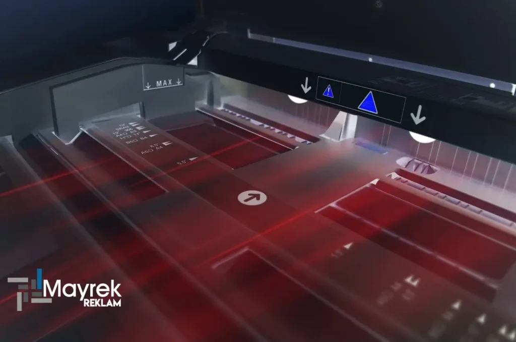 Dijital Baskı Aleti Kırmızı Lazer Işığı Çıkartıyor Mayrek Reklam Etiketi Üzerinde